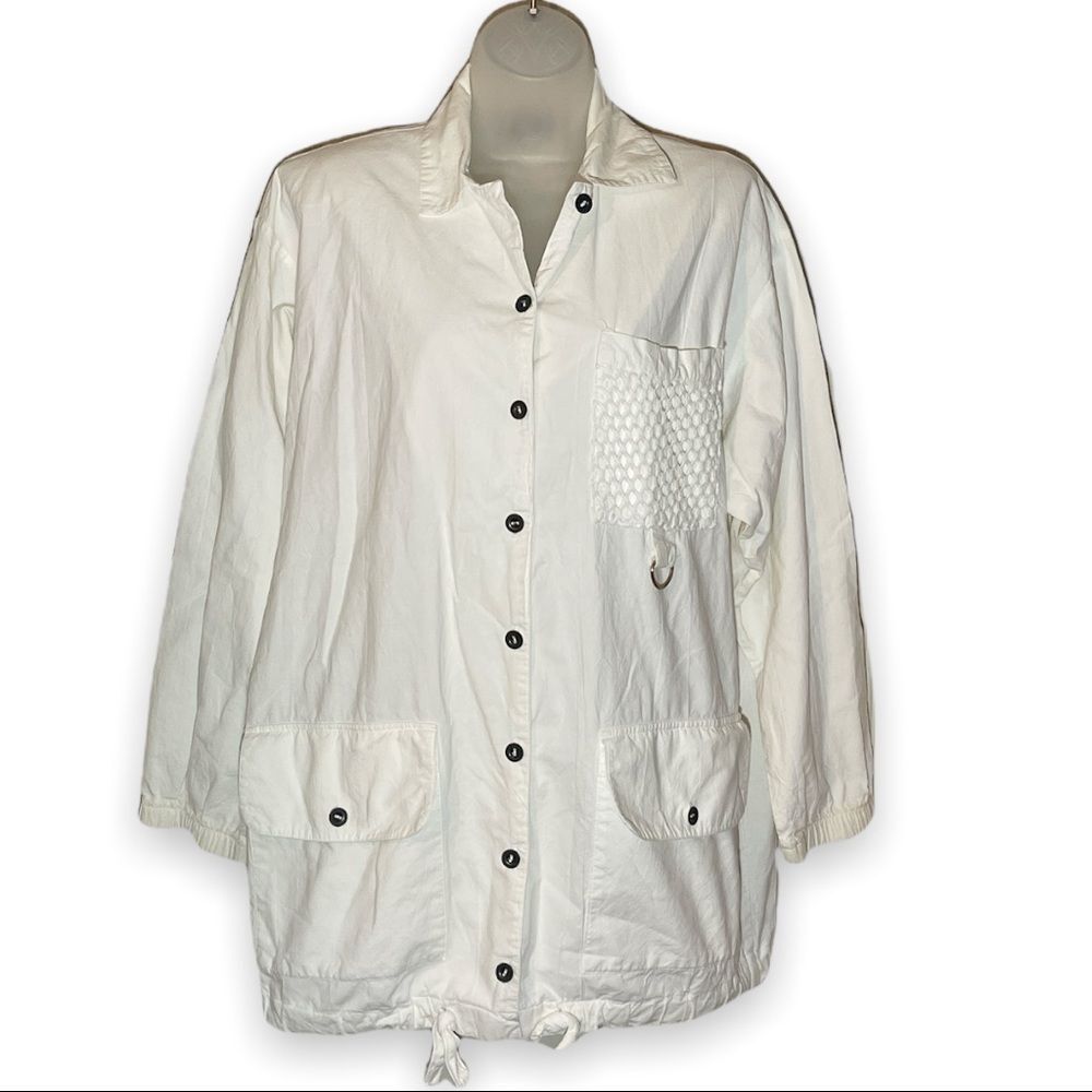 Vintage Obenna 1990s White Cotton Windbreaker Utility Jacket 3/4 Sleeves S - Picture 1 of 16